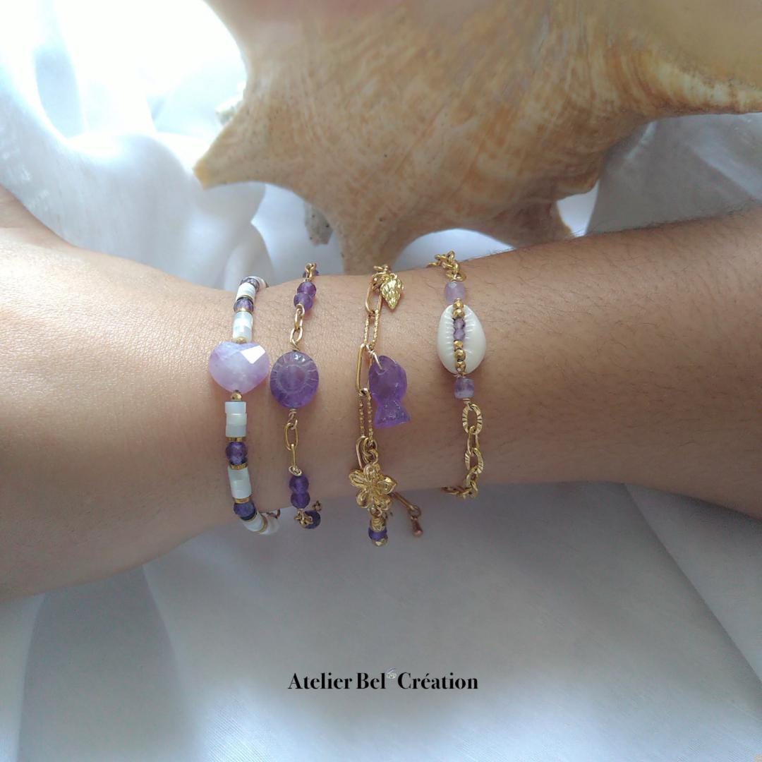 Natural Amethyst gemstone Bracelets, violet | golden stainless steel, shell
