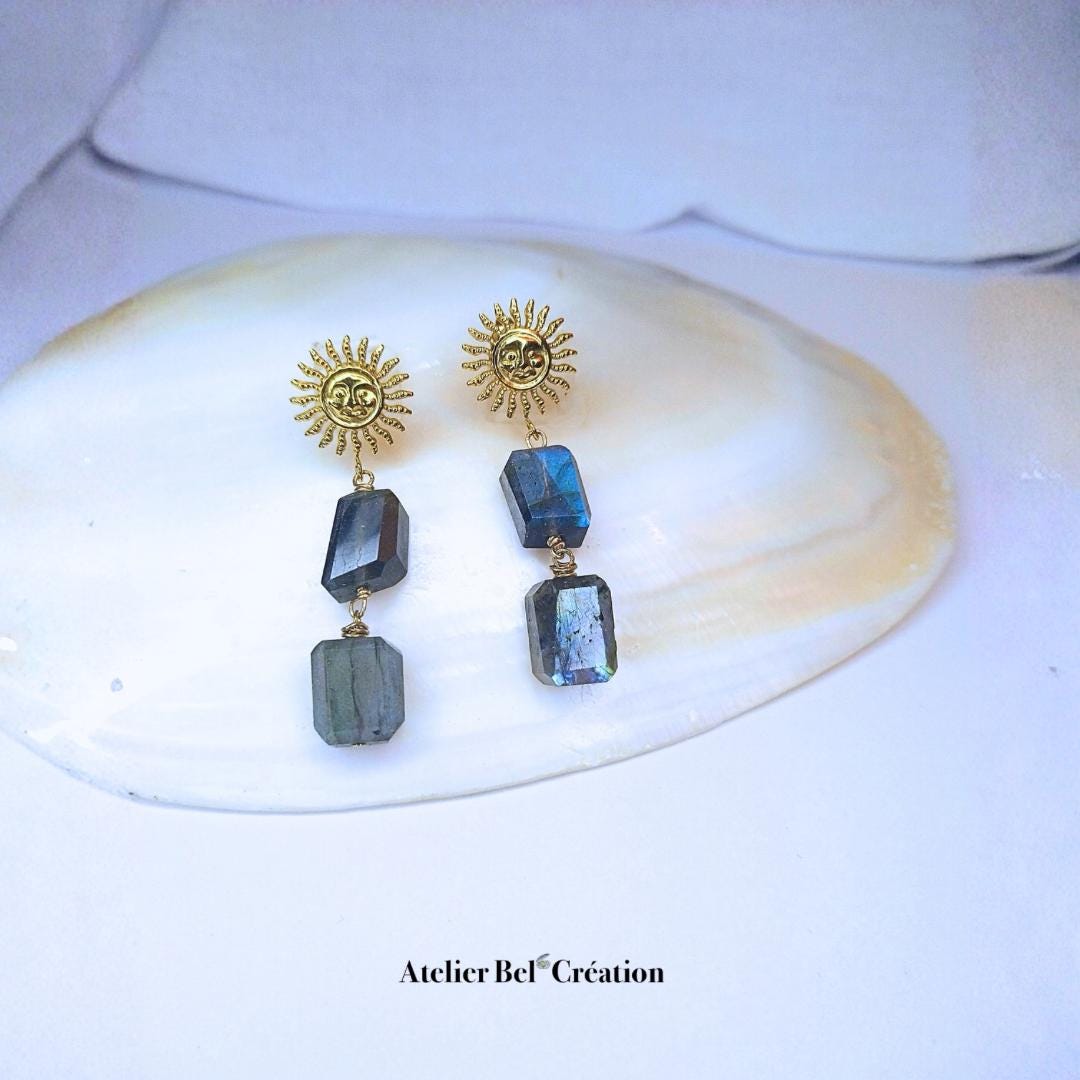 Sun pendant earrings, natural pearls, golden stainless steel, labradorite stones