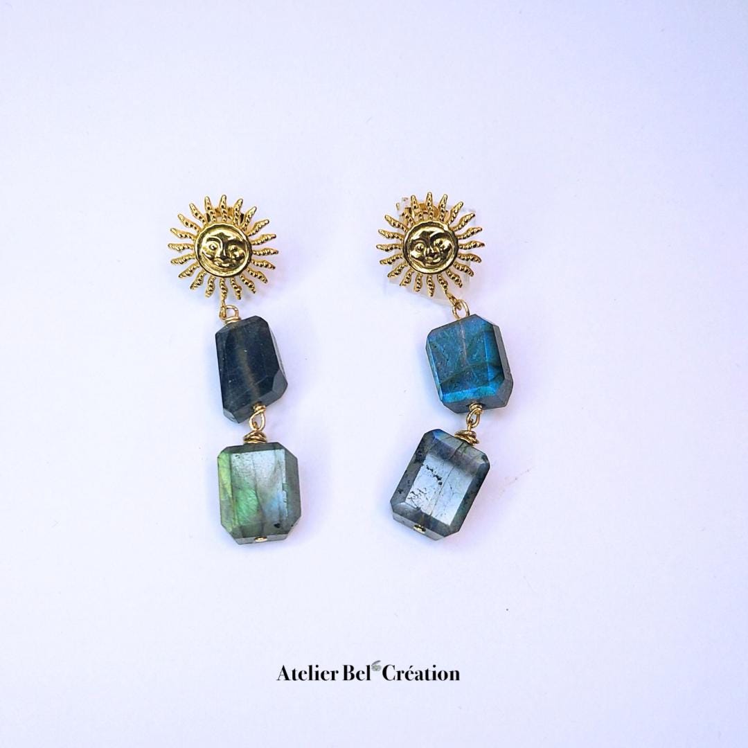 Sun pendant earrings, natural pearls, golden stainless steel, labradorite stones