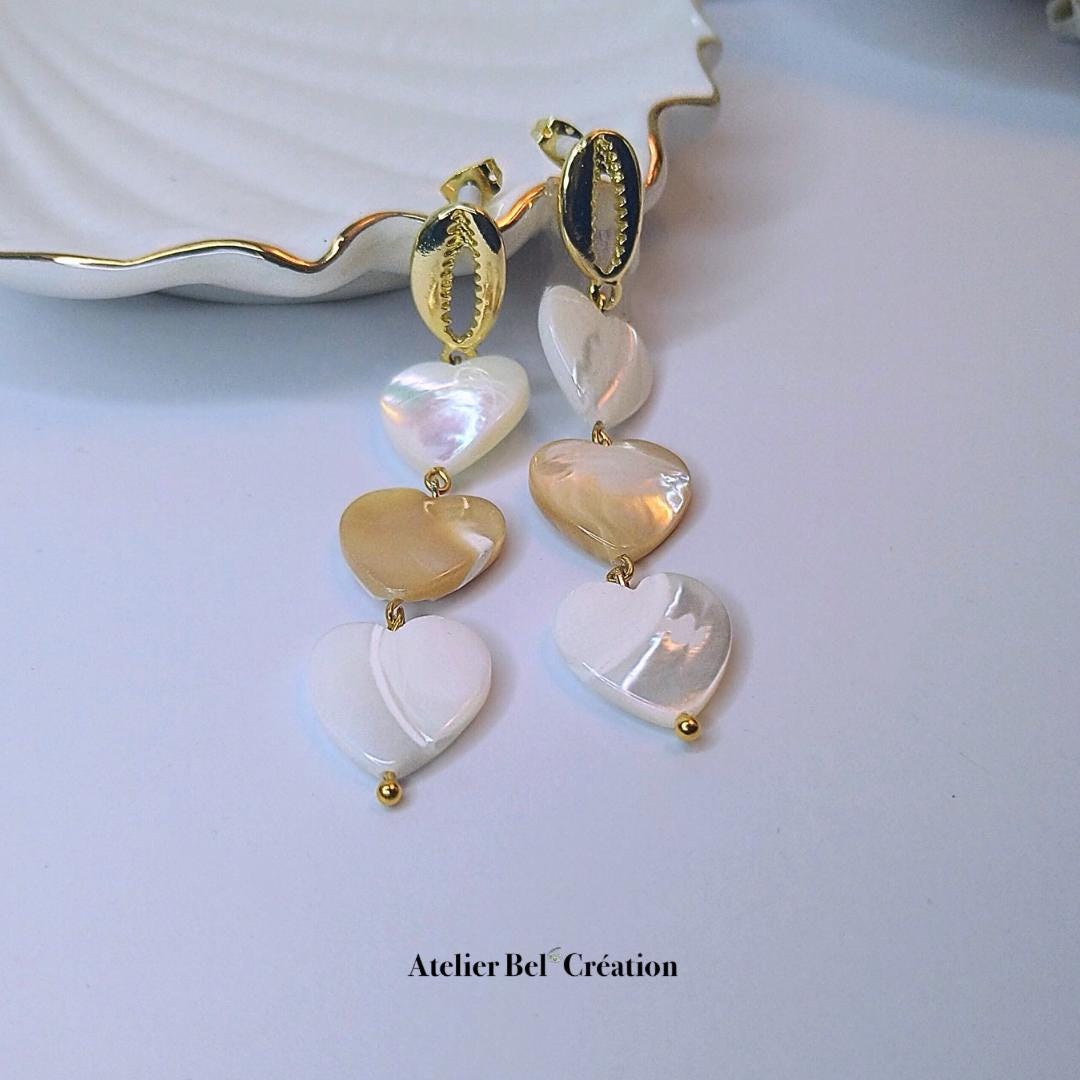 Mother of Pearl drop Earrings, gold earrings, pearl dangle earrings, heart shape earrings, wedding jewelry