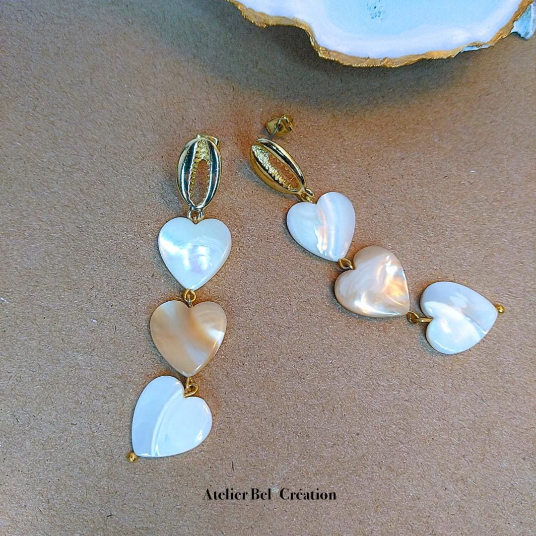 Mother of Pearl drop Earrings, gold earrings, pearl dangle earrings, heart shape earrings, wedding jewelry