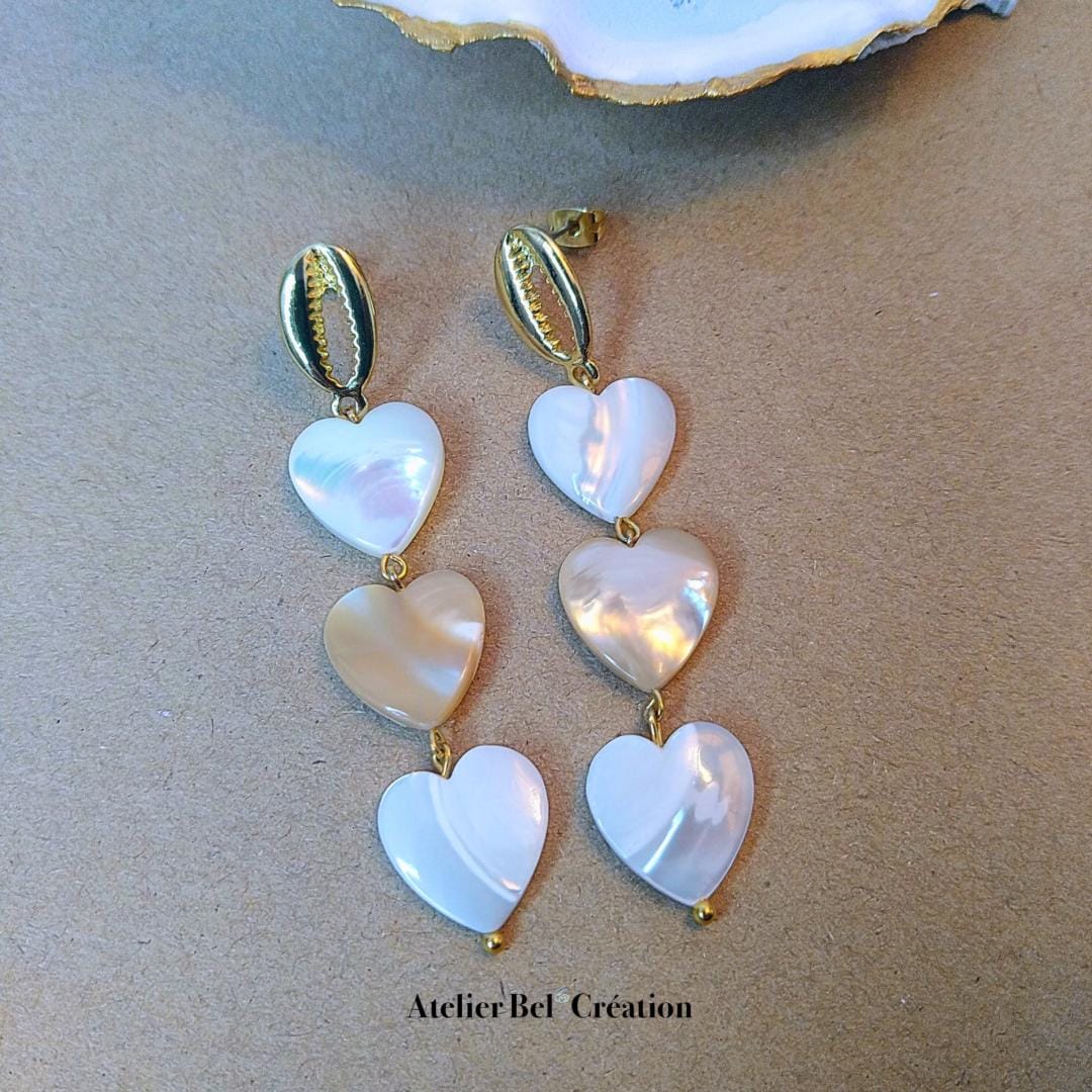 Mother of Pearl drop Earrings, gold earrings, pearl dangle earrings, heart shape earrings, wedding jewelry