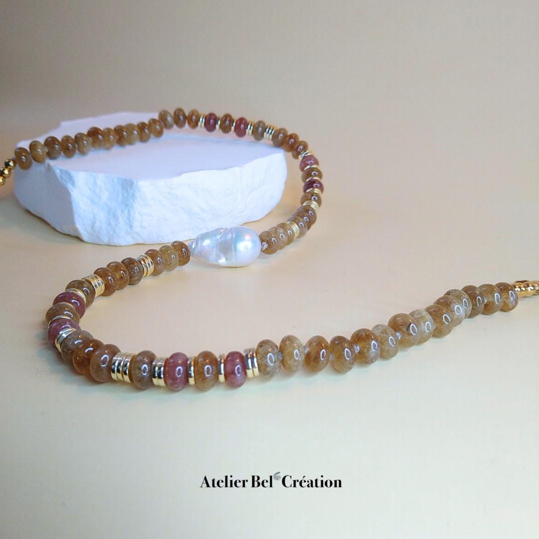 Collier court Candy, Perles rondelles et Perle eau douce, pierres naturelles