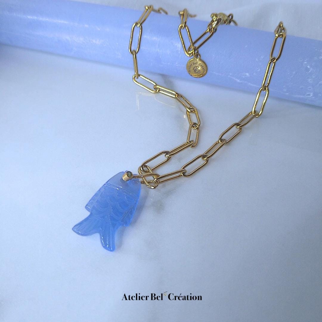 Bleu Fish necklaces | Natural gemstone, calved stone pendant, gold stainless steel chain, boho ocean jewelry delicate gift for her