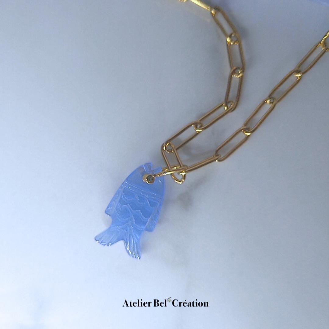 Bleu Fish necklaces | Natural gemstone, calved stone pendant, gold stainless steel chain, boho ocean jewelry delicate gift for her