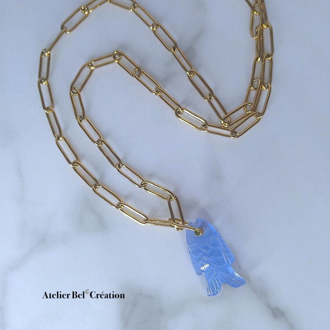 Bleu Fish necklaces | Natural gemstone, calved stone pendant, gold stainless steel chain, boho ocean jewelry delicate gift for her