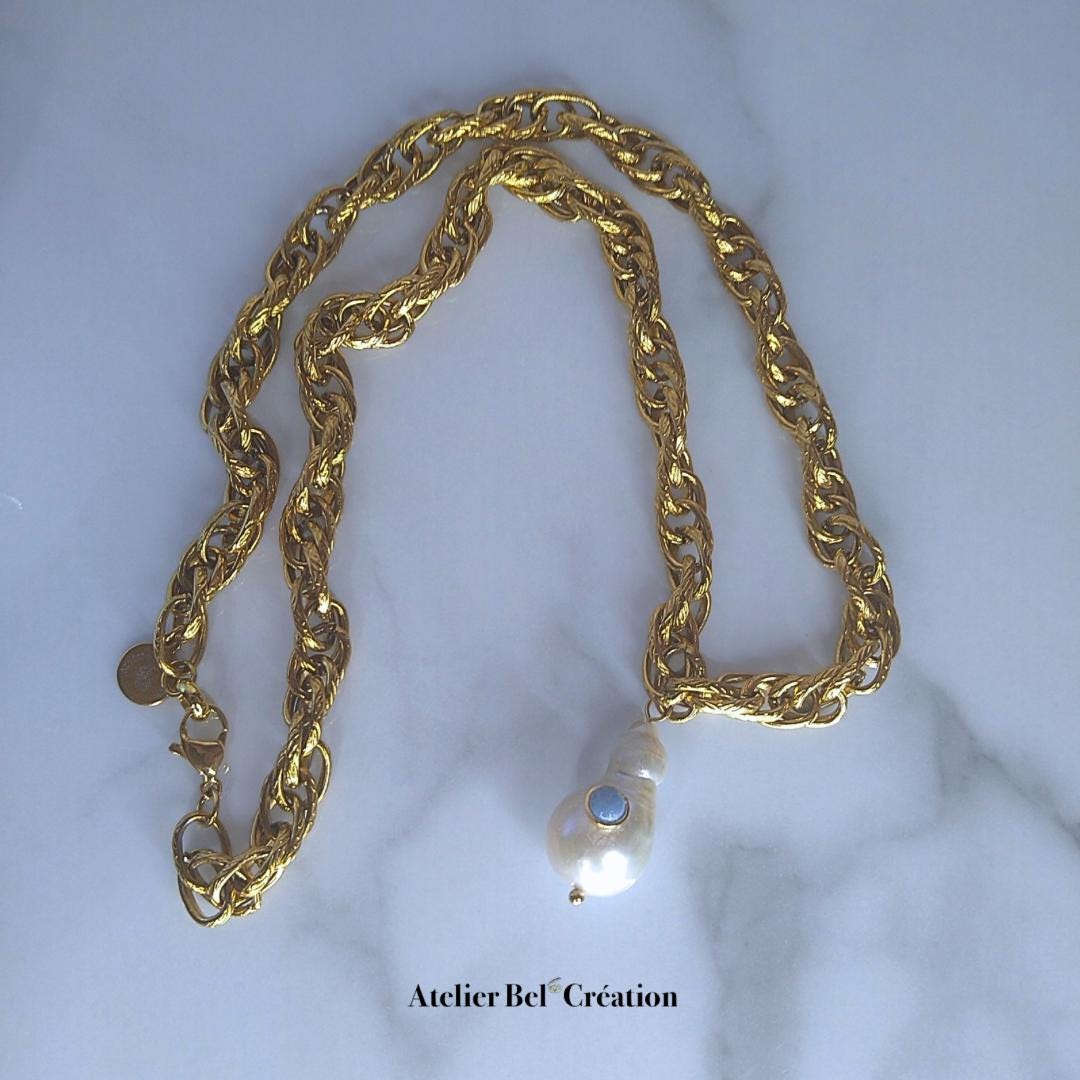 Baroque pearl necklace chunky gold chain freshwater pearl stainless steel, boho chic statement jewelry gift for her