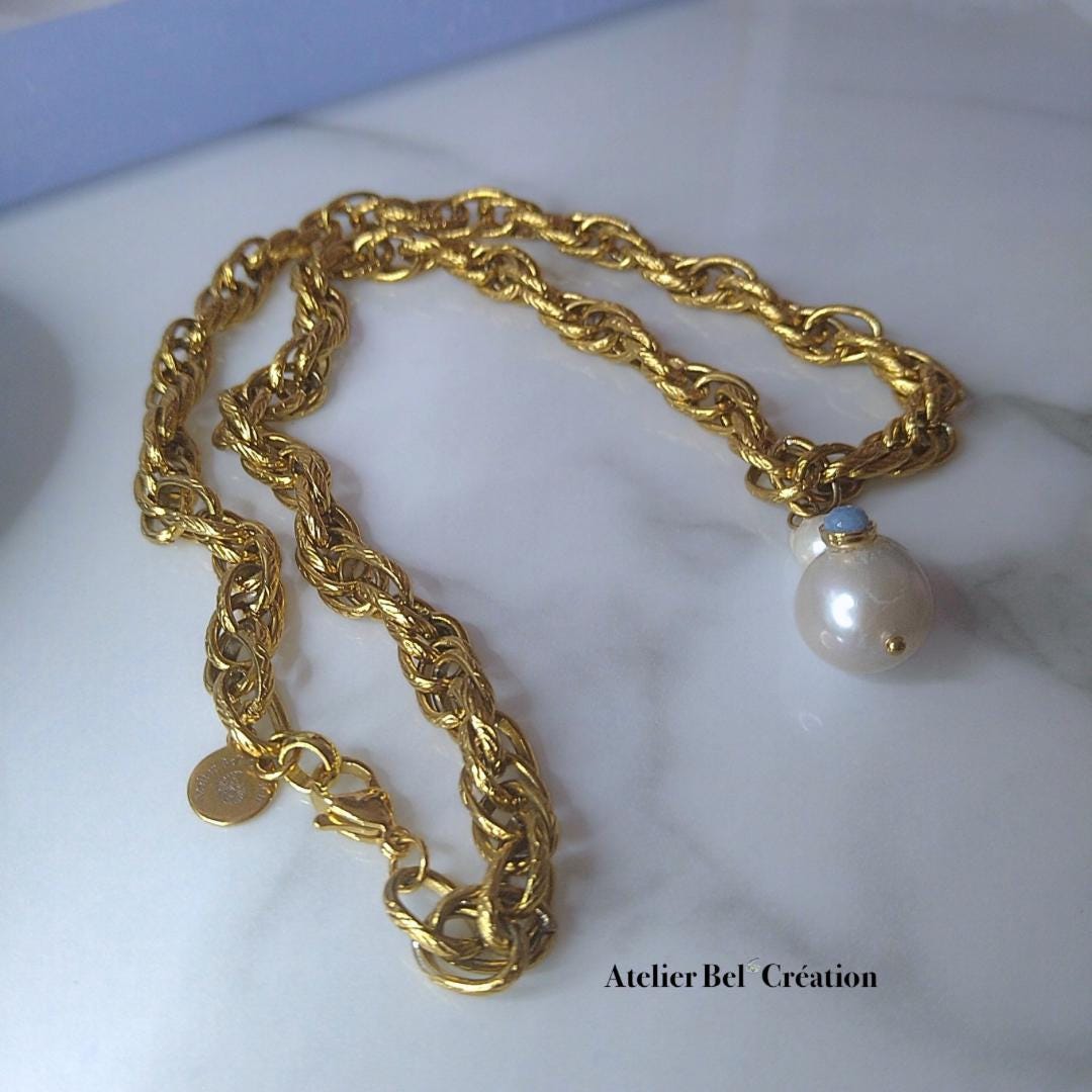 Baroque pearl necklace chunky gold chain freshwater pearl stainless steel, boho chic statement jewelry gift for her