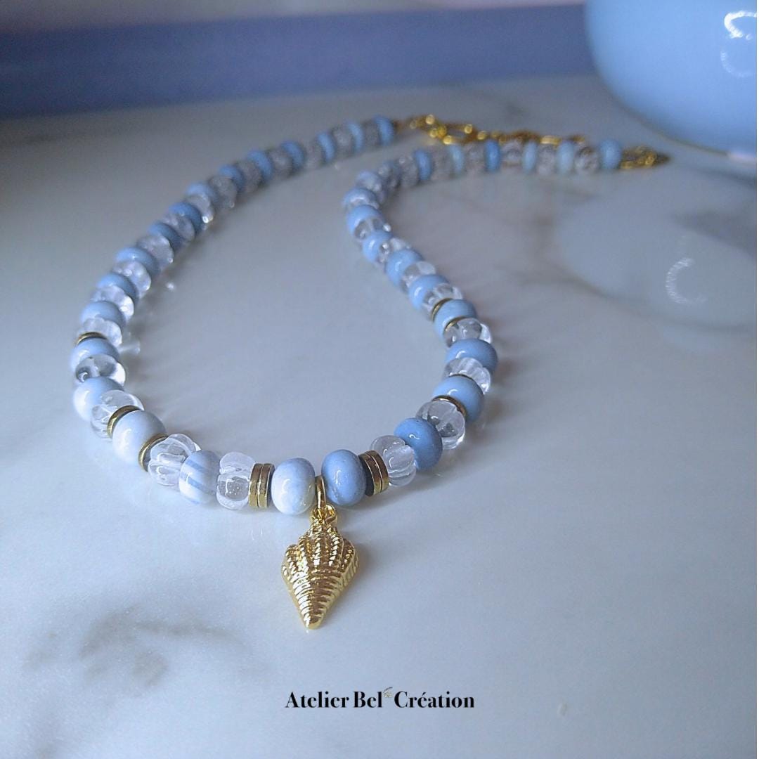 Bi-color necklace, blue Opal and Clear Quartz Stone gemstone beads, Shell pendant, golden stainless steel, boho ocean jewelry gift for her