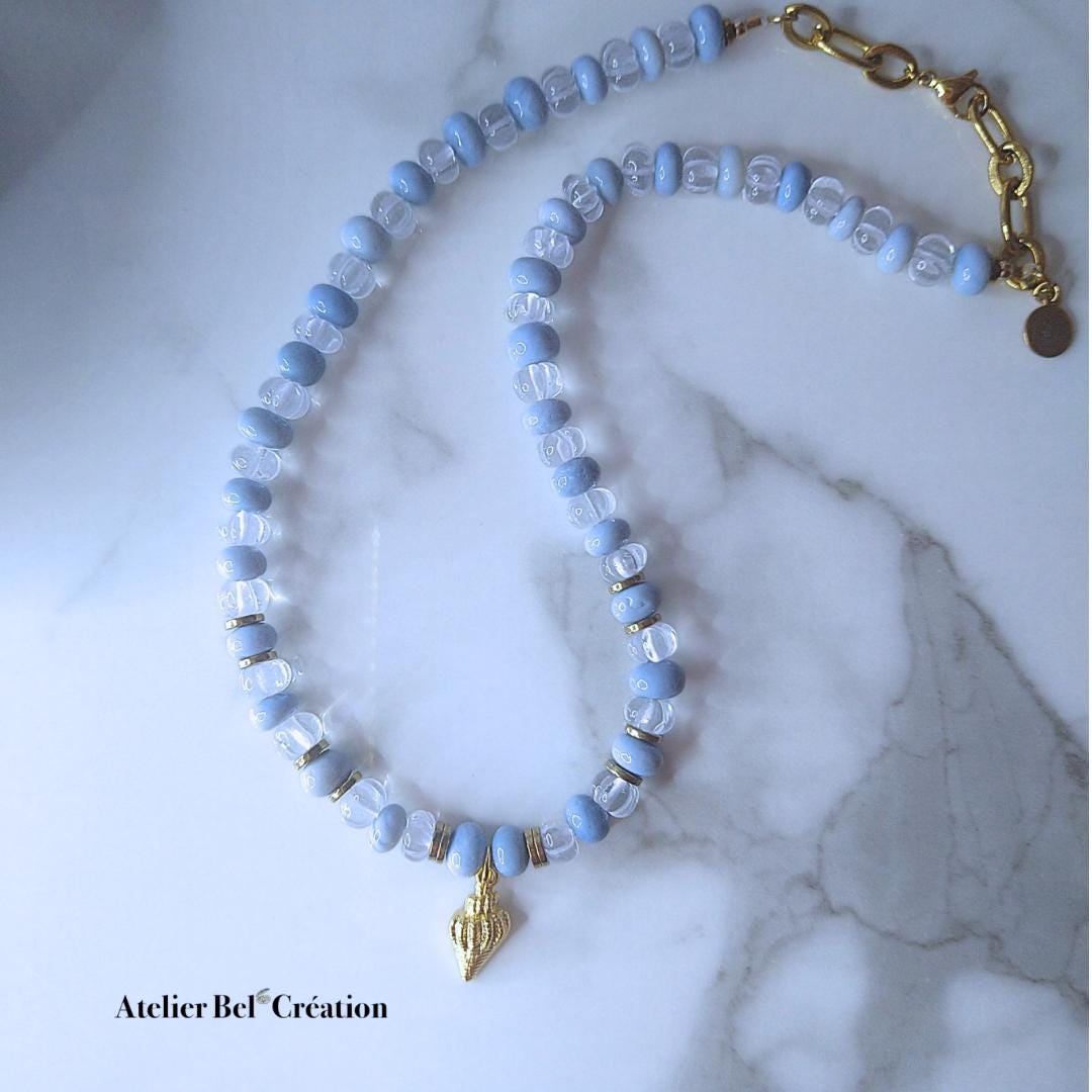 Bi-color necklace, blue Opal and Clear Quartz Stone gemstone beads, Shell pendant, golden stainless steel, boho ocean jewelry gift for her