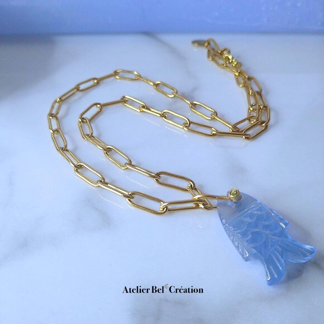 Bleu Fish necklaces | Natural gemstone, calved stone pendant, gold stainless steel chain, boho ocean jewelry delicate gift for her