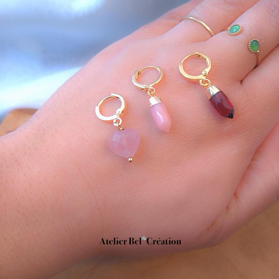 Single Huggie hoop Earring | hoops gold, charm earring, heart,. tiny dainty small hoop, minimalist earring, Rose Quartz, Opal, Grenat