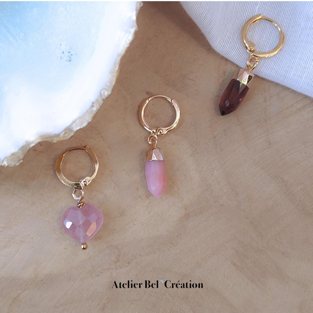 Single Huggie hoop Earring | hoops gold, charm earring, heart,. tiny dainty small hoop, minimalist earring, Rose Quartz, Opal, Grenat