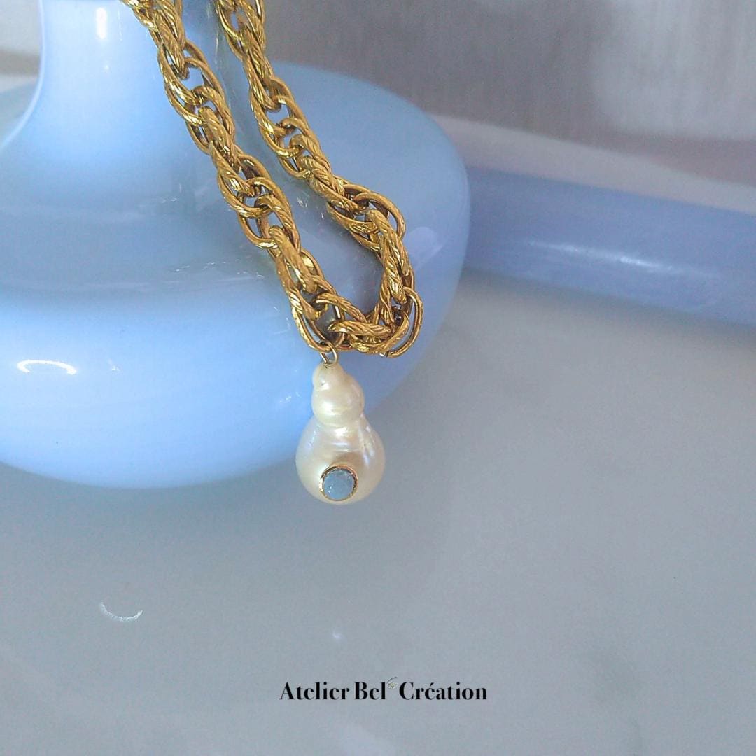 Baroque pearl necklace chunky gold chain freshwater pearl stainless steel, boho chic statement jewelry gift for her
