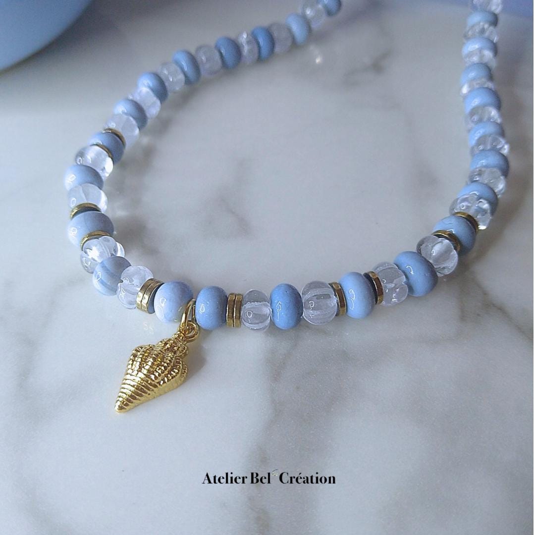 Bi-color necklace, blue Opal and Clear Quartz Stone gemstone beads, Shell pendant, golden stainless steel, boho ocean jewelry gift for her