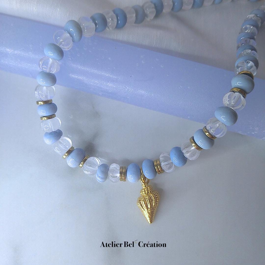 Bi-color necklace, blue Opal and Clear Quartz Stone gemstone beads, Shell pendant, golden stainless steel, boho ocean jewelry gift for her