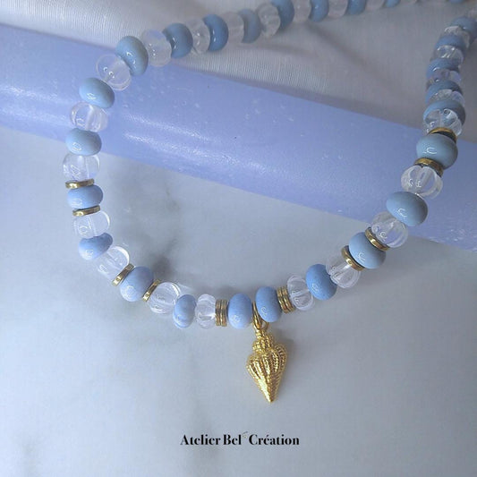 Bi-color necklace, blue Opal and Clear Quartz Stone gemstone beads, Shell pendant, golden stainless steel, boho ocean jewelry gift for her
