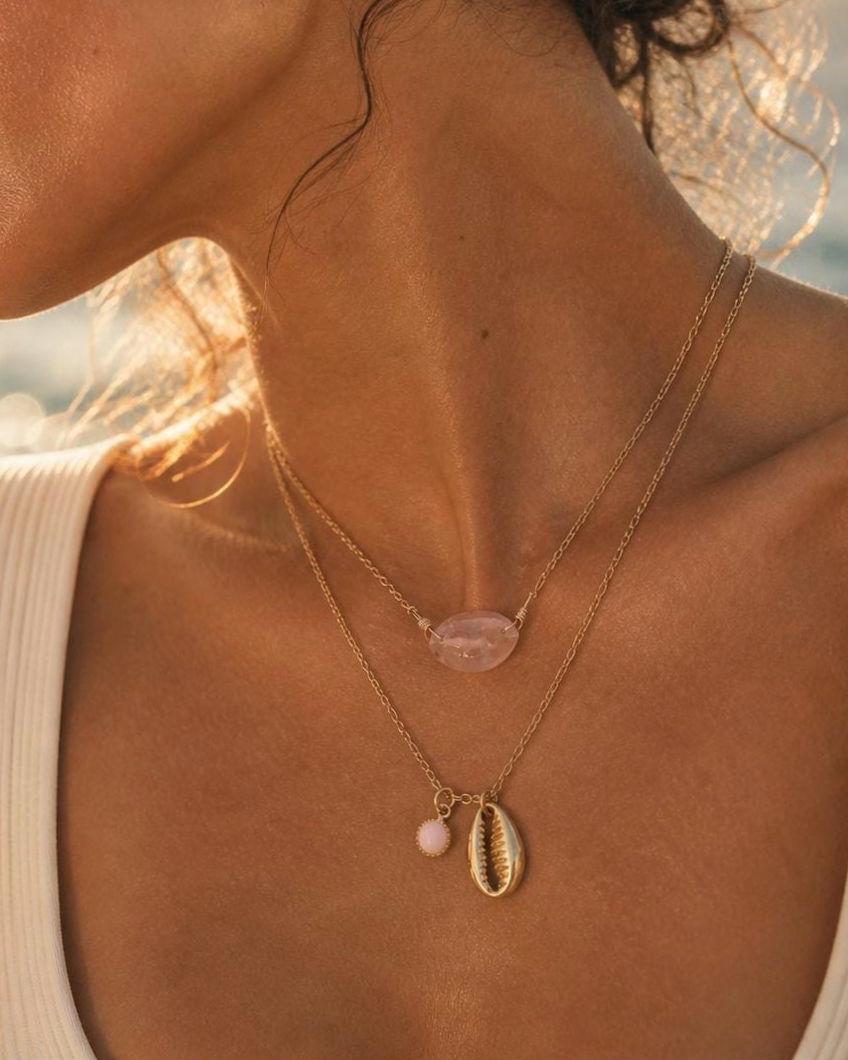 Double chain necklace rose quartz pink opal lips pendant cowrie shell gold stainless steel boho jewelry