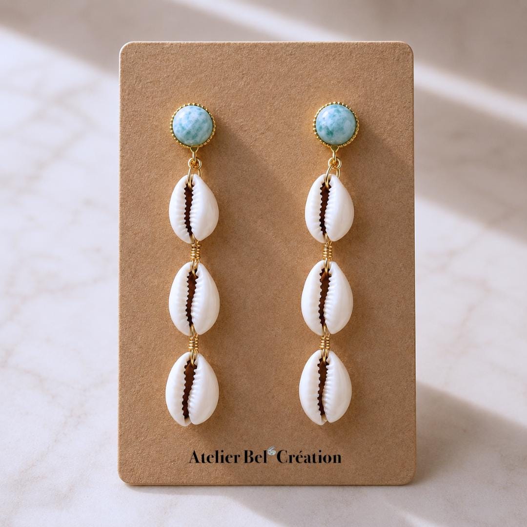 Cowrie shell earrings amazonite dangle earrings gold stainless steel boho beach jewelry gift for her