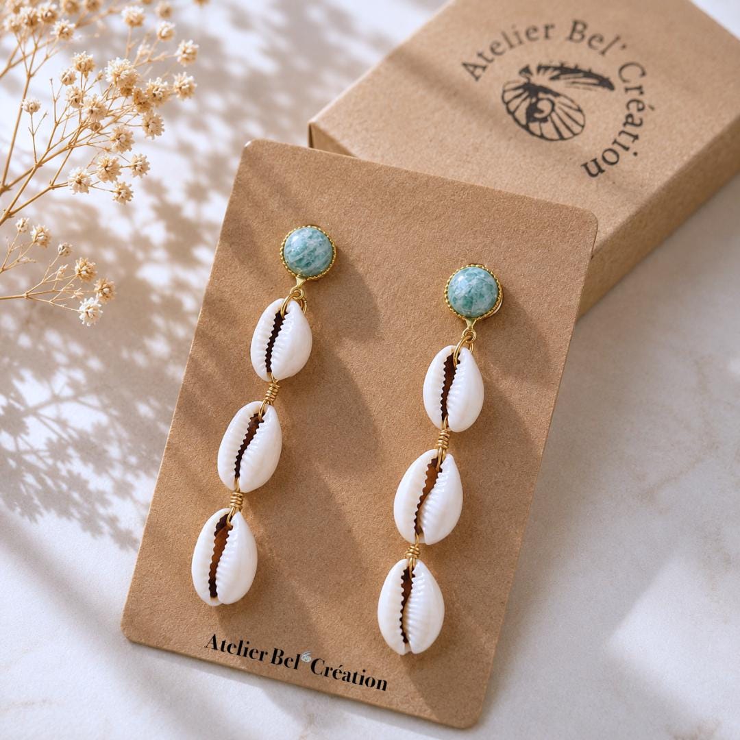 Cowrie shell earrings amazonite dangle earrings gold stainless steel boho beach jewelry gift for her