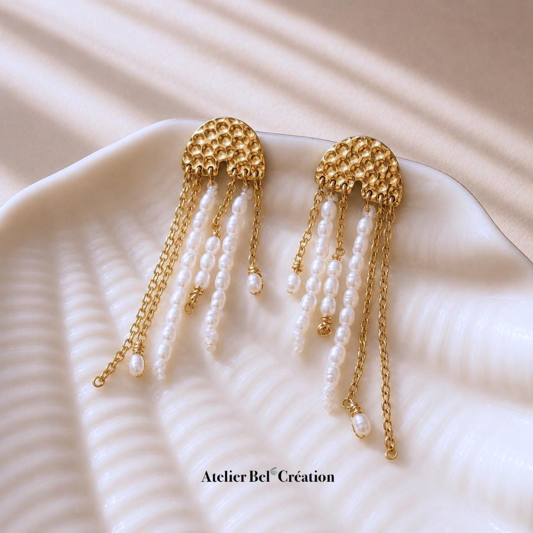Boucles d’oreilles méduse perles eau douce pendantes acier inoxydable doré bohème chic femme élégantes