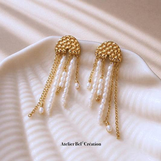 Boucles d’oreilles méduse perles eau douce pendantes acier inoxydable doré bohème chic femme élégantes