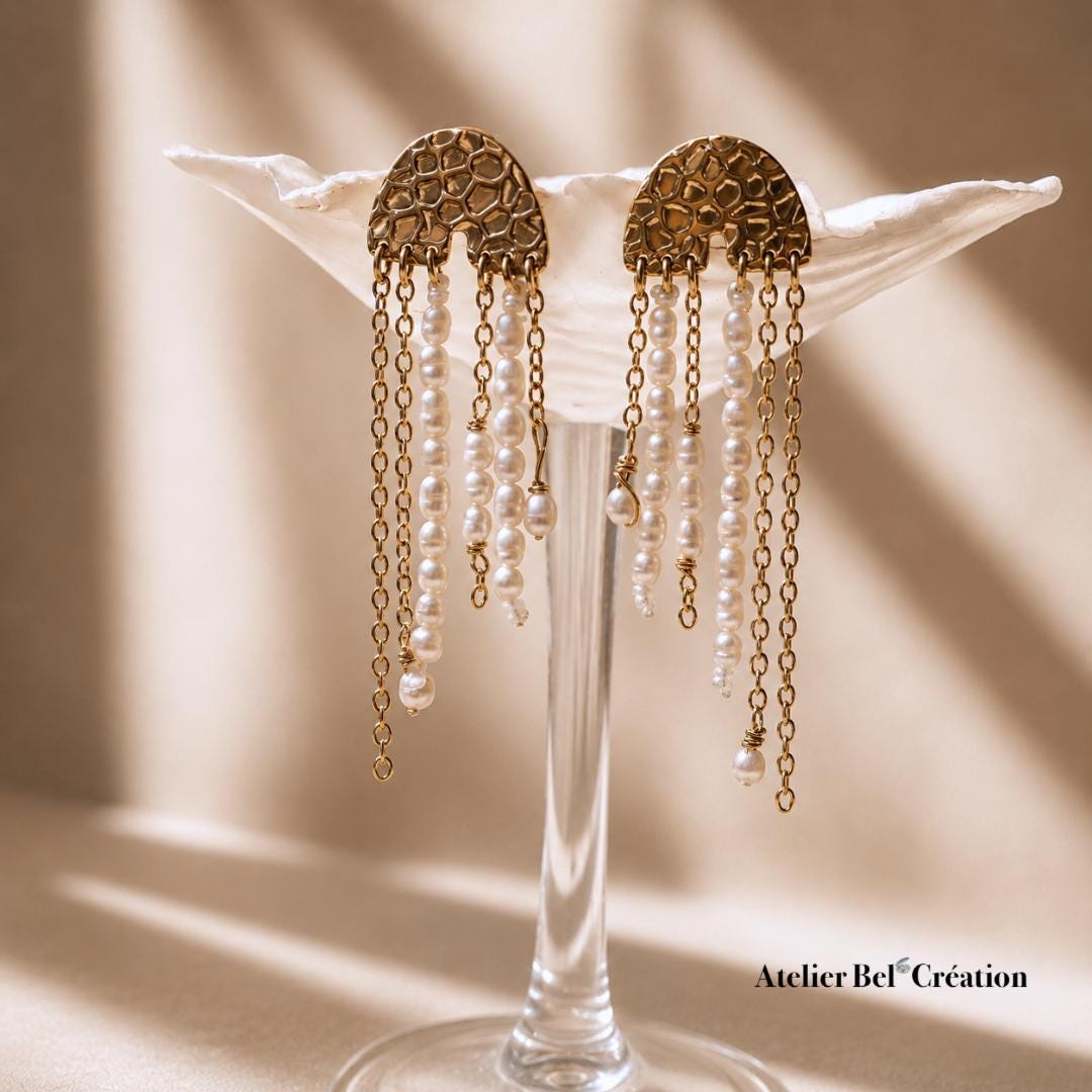 Boucles d’oreilles méduse perles eau douce pendantes acier inoxydable doré bohème chic femme élégantes