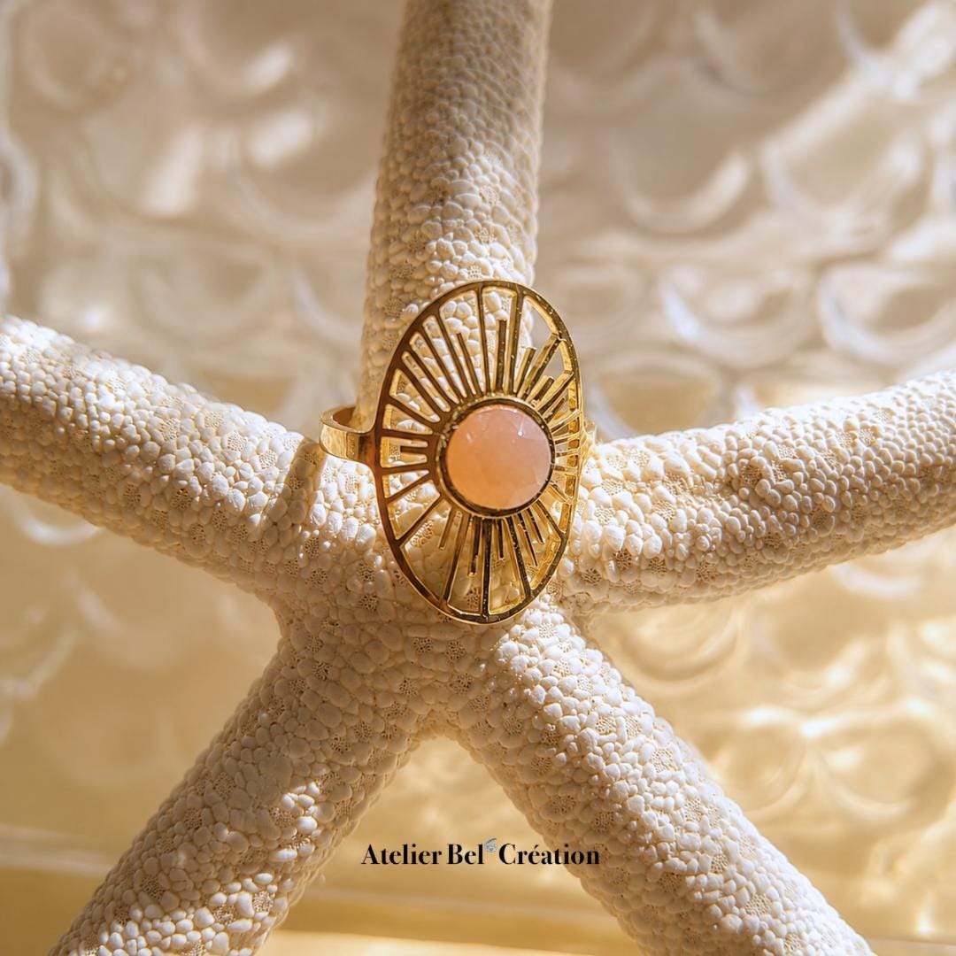 Sunstone ring adjustable gold stainless steel sun inspired boho chic statement jewelry gift for her Open ring