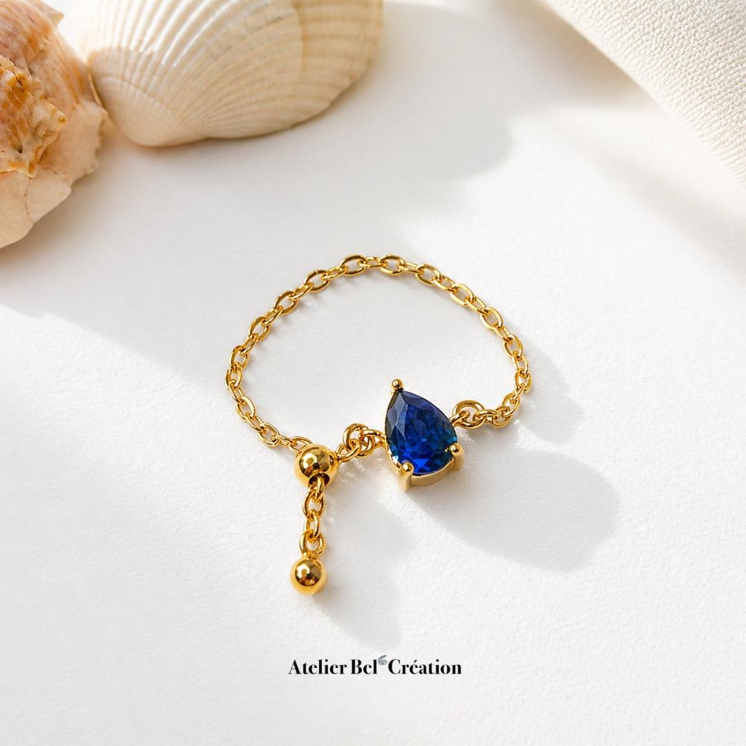 Chain Ring, Sapphir Natural stone, Adjustable ring, gold plated, blue gemme