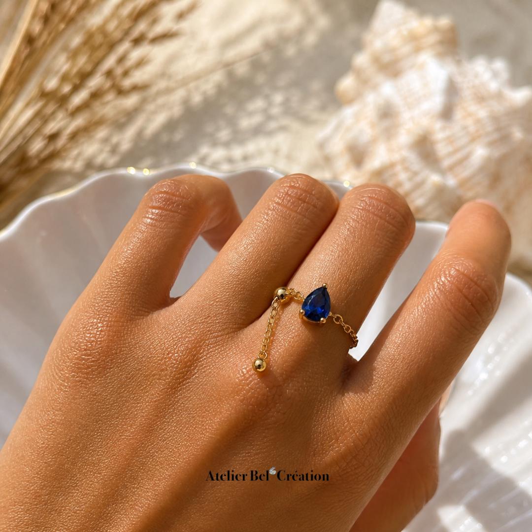 Chain Ring, Sapphir Natural stone, Adjustable ring, gold plated, blue gemme