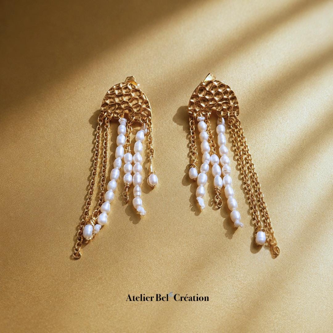 Boucles d’oreilles méduse perles eau douce pendantes acier inoxydable doré bohème chic femme élégantes