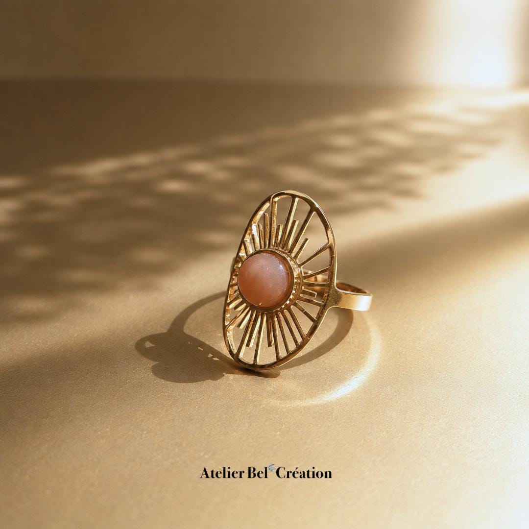 Sunstone ring adjustable gold stainless steel sun inspired boho chic statement jewelry gift for her Open ring