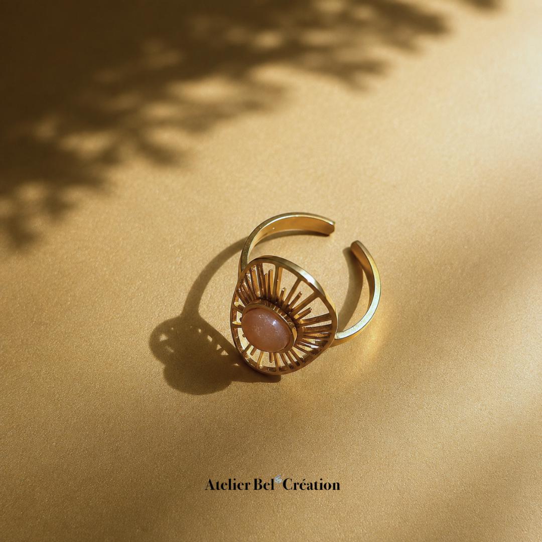 Sunstone ring adjustable gold stainless steel sun inspired boho chic statement jewelry gift for her Open ring