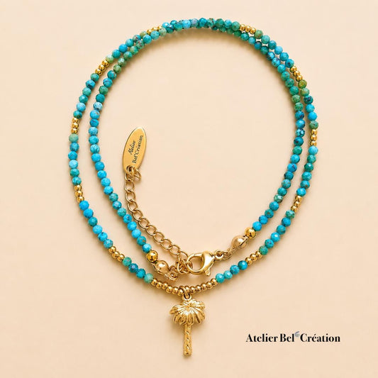 Turquoise Choker necklace Natural gemstone Palm pendant layering golden