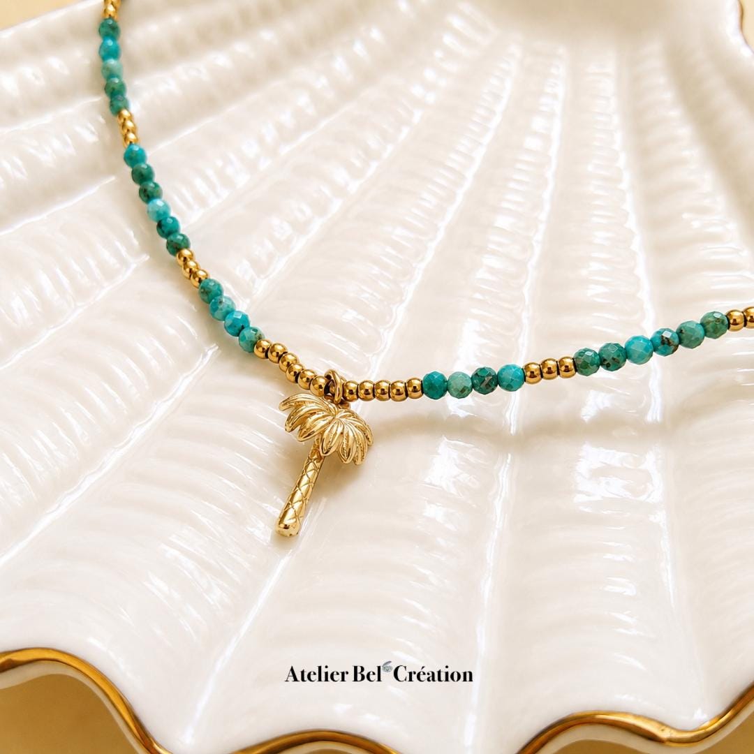 Turquoise Choker necklace Natural gemstone Palm pendant layering golden