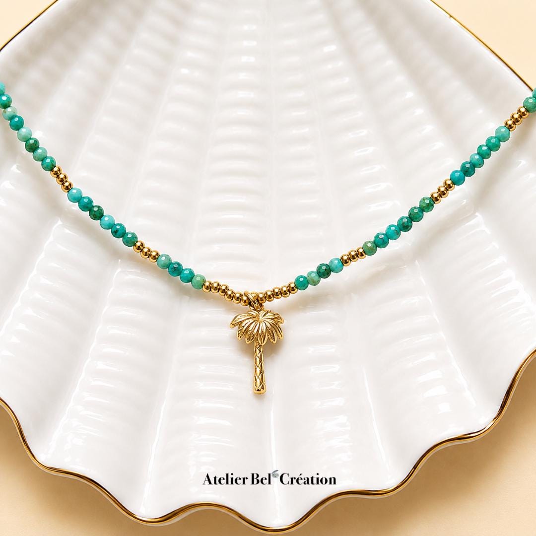 Turquoise Choker necklace Natural gemstone Palm pendant layering golden