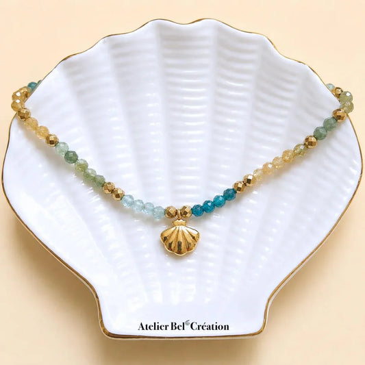 Multicolor Natural Apatite gemstone necklaces Golden chain Shell pendant