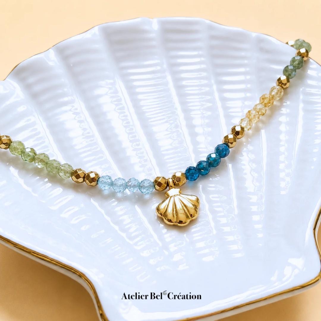 Multicolor Natural Apatite gemstone necklaces Golden chain Shell pendant