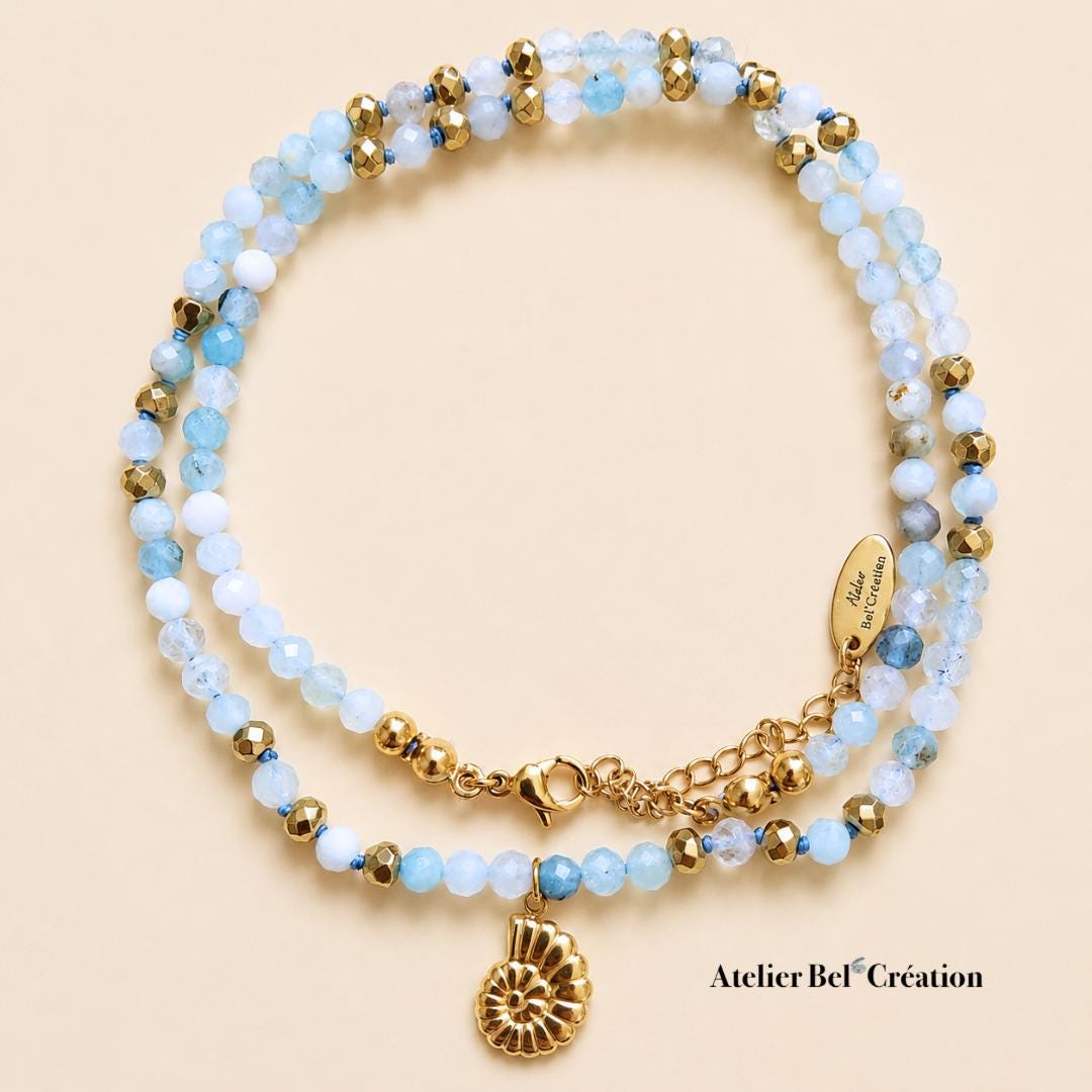 Aquamarine Natural gemstone necklaces Golden chain Shell pendant