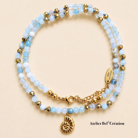 Aquamarine Natural gemstone necklaces Golden chain Shell pendant
