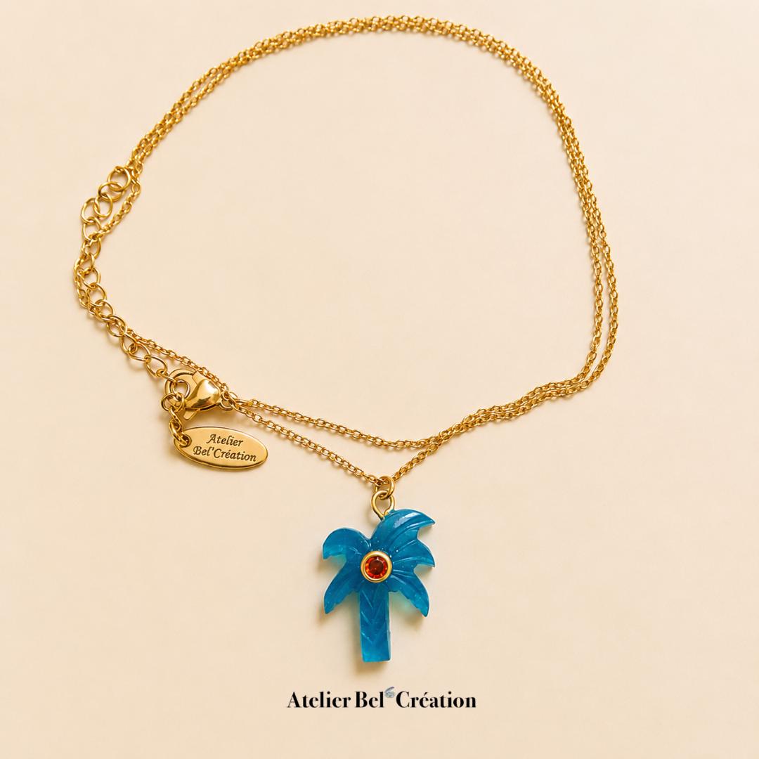 Palm pendant gemstone Chain necklace Natural stone Blue Agate Summer necklace