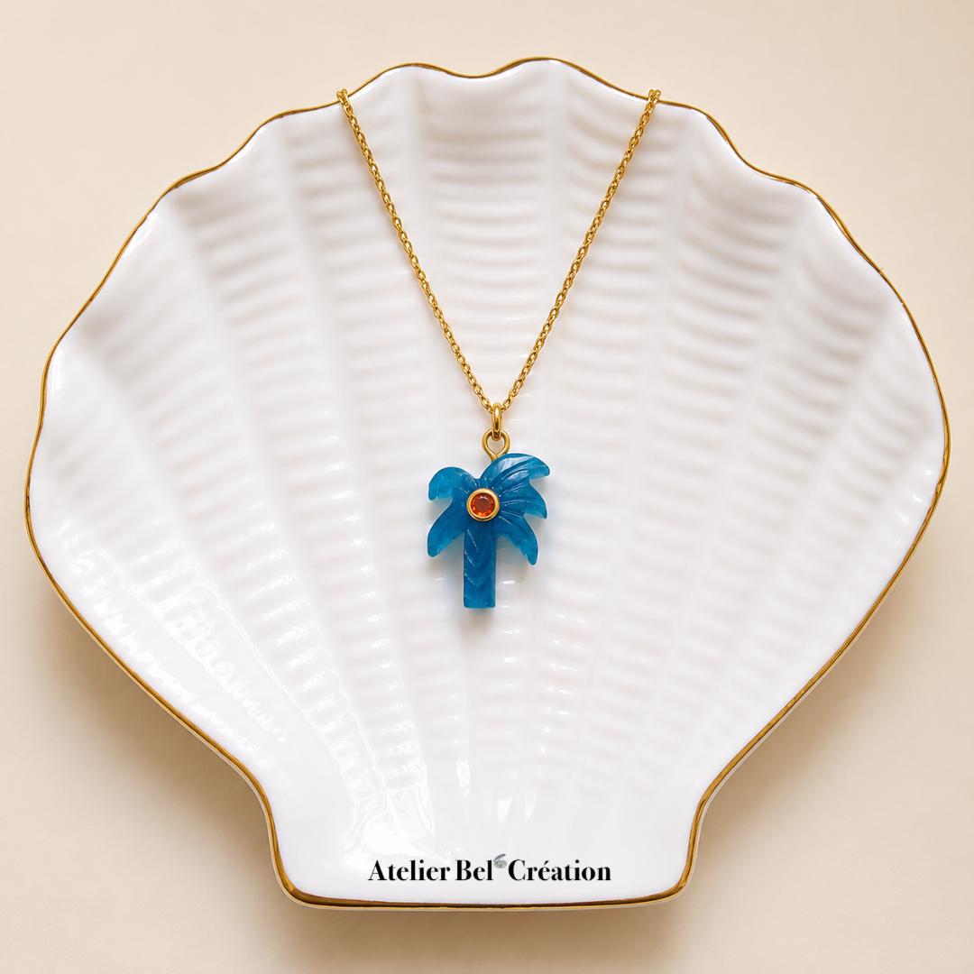 Palm pendant gemstone Chain necklace Natural stone Blue Agate Summer necklace