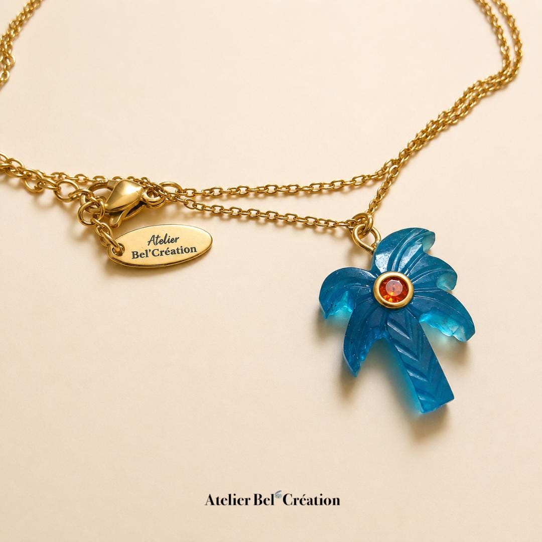 Palm pendant gemstone Chain necklace Natural stone Blue Agate Summer necklace