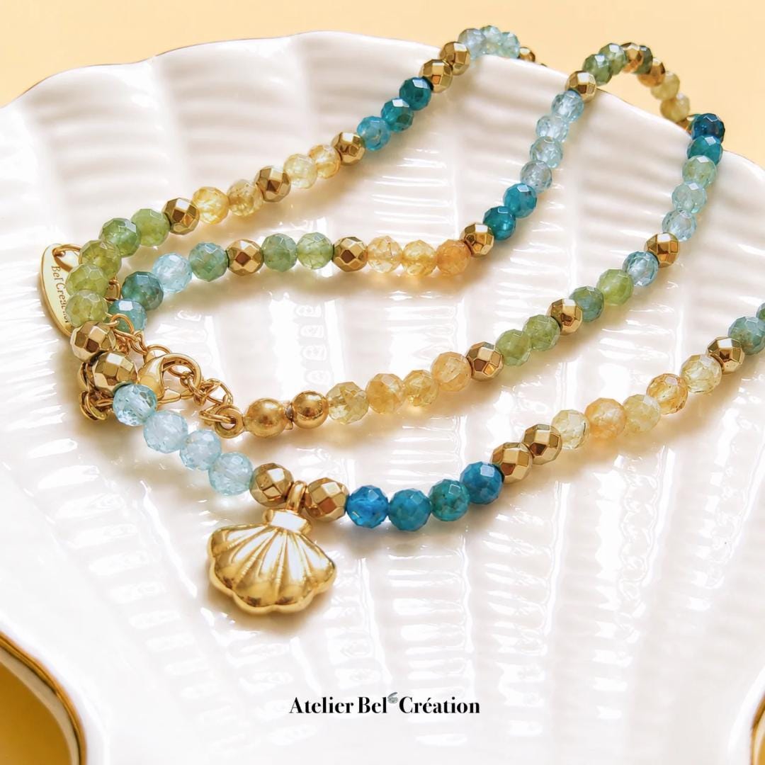 Multicolor Natural Apatite gemstone necklaces Golden chain Shell pendant