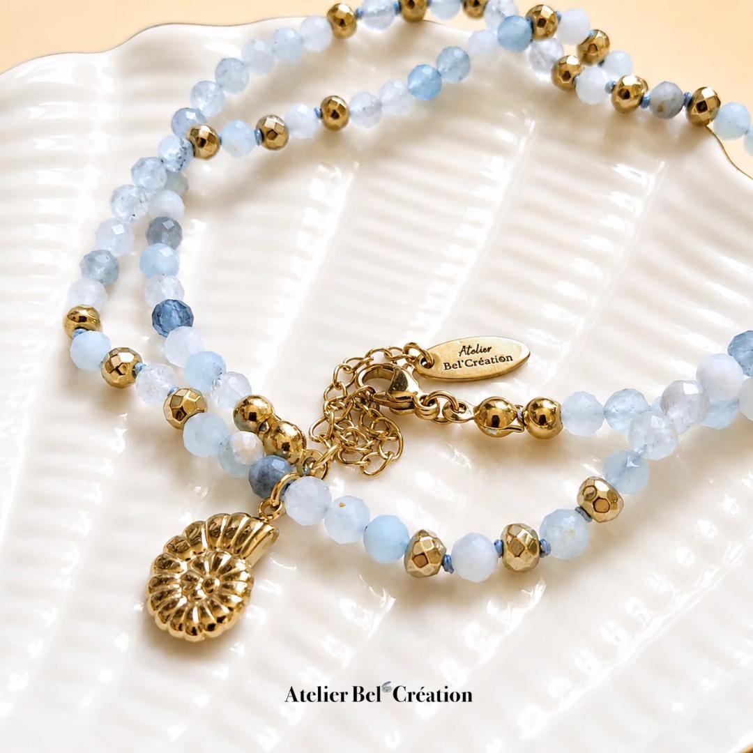 Aquamarine Natural gemstone necklaces Golden chain Shell pendant