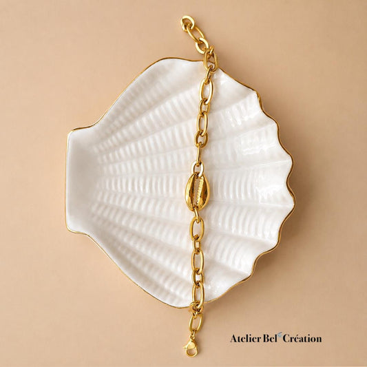 Bracelet large shell pendant, large link chain, golden stainless steel