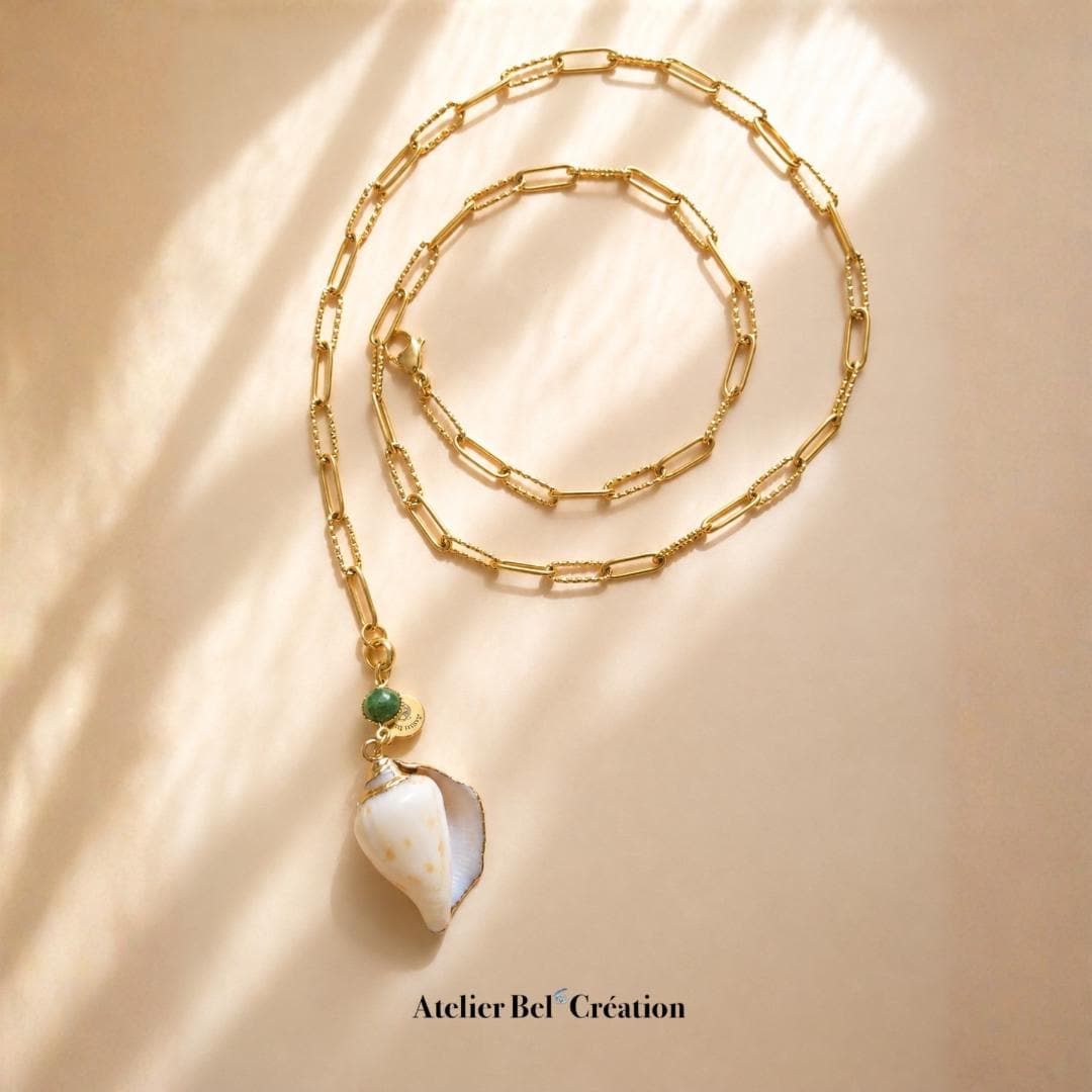 Natural shell necklace gold stainless steel gemstone pendant garnet clear quartz aventurine boho beach jewelry