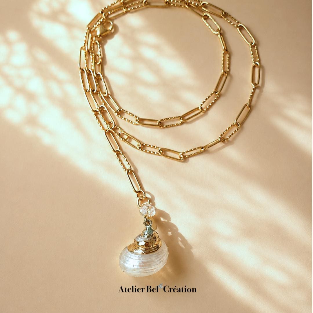Natural shell necklace gold stainless steel gemstone pendant garnet clear quartz aventurine boho beach jewelry