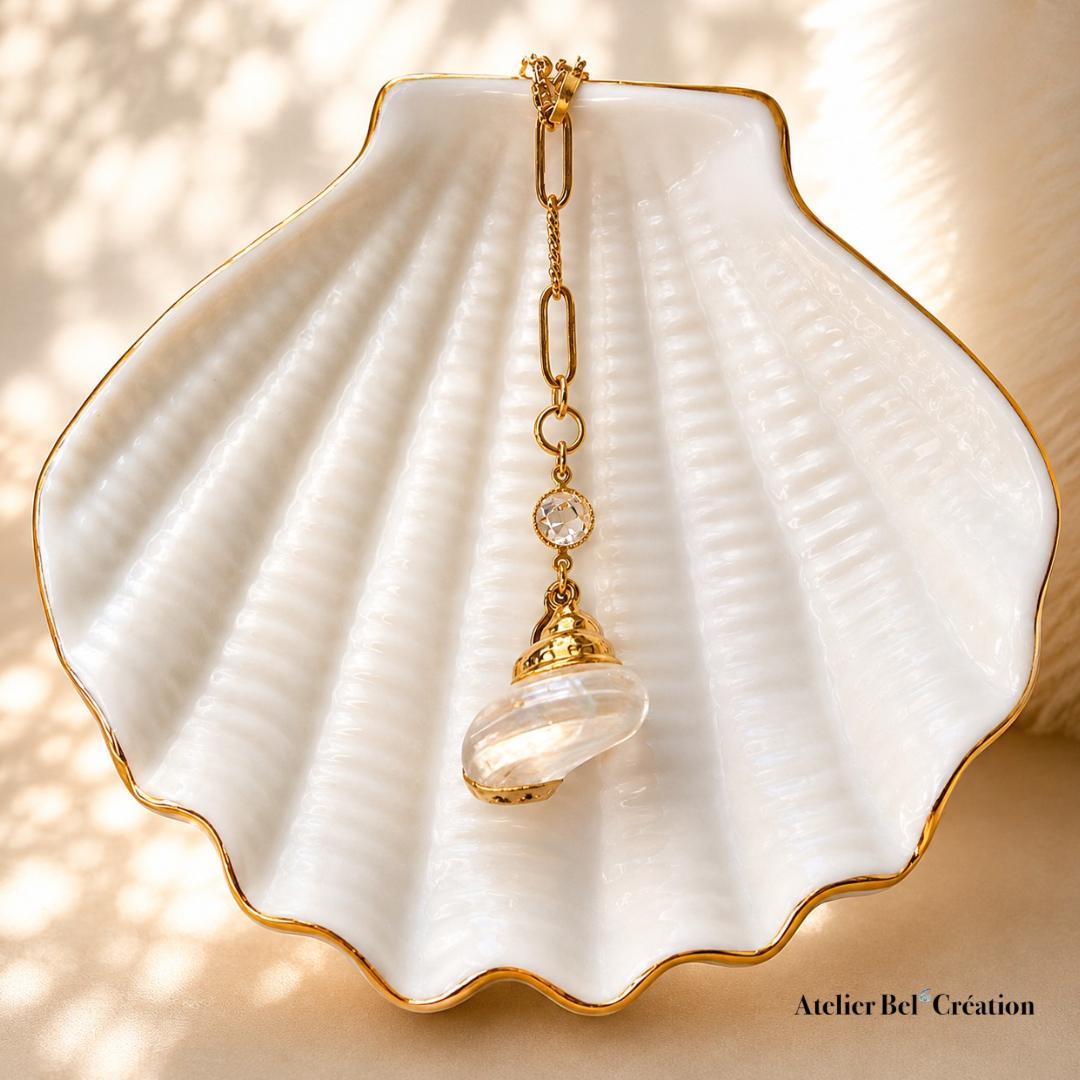 Natural shell necklace gold stainless steel gemstone pendant garnet clear quartz aventurine boho beach jewelry