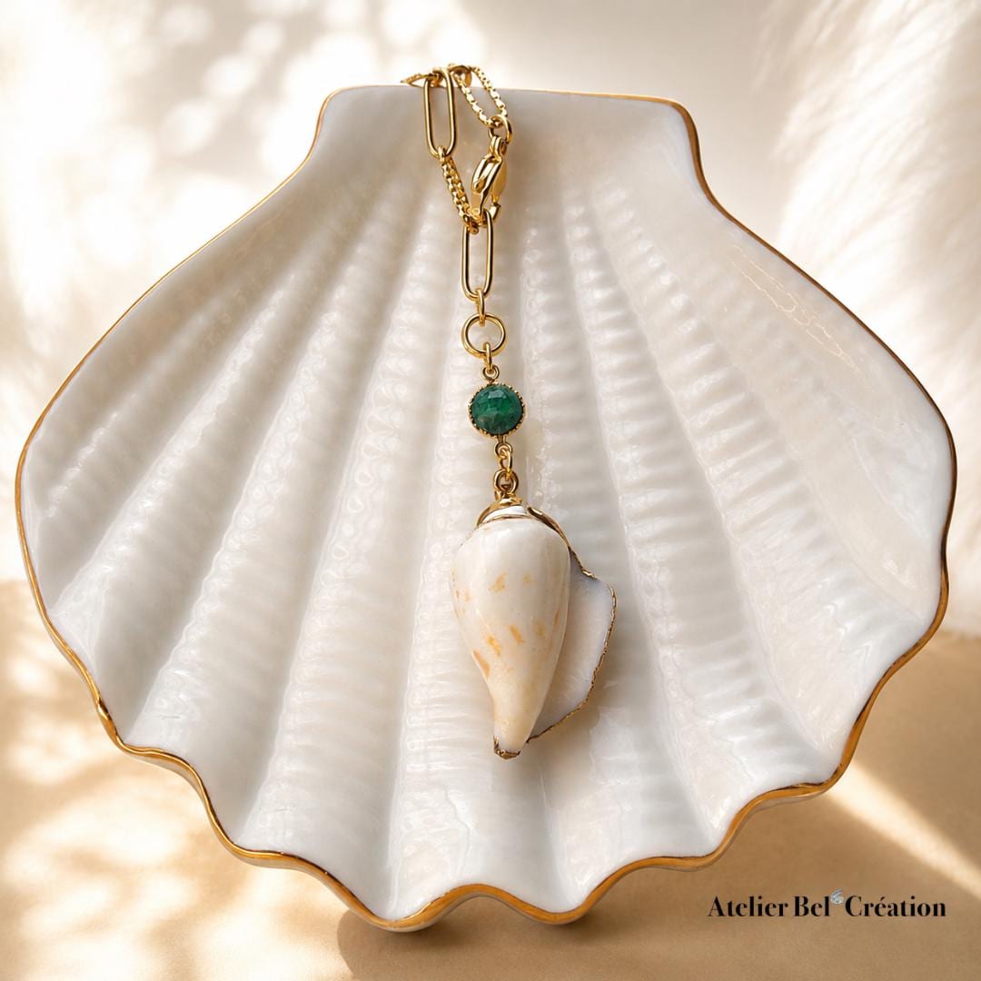 Natural shell necklace gold stainless steel gemstone pendant garnet clear quartz aventurine boho beach jewelry